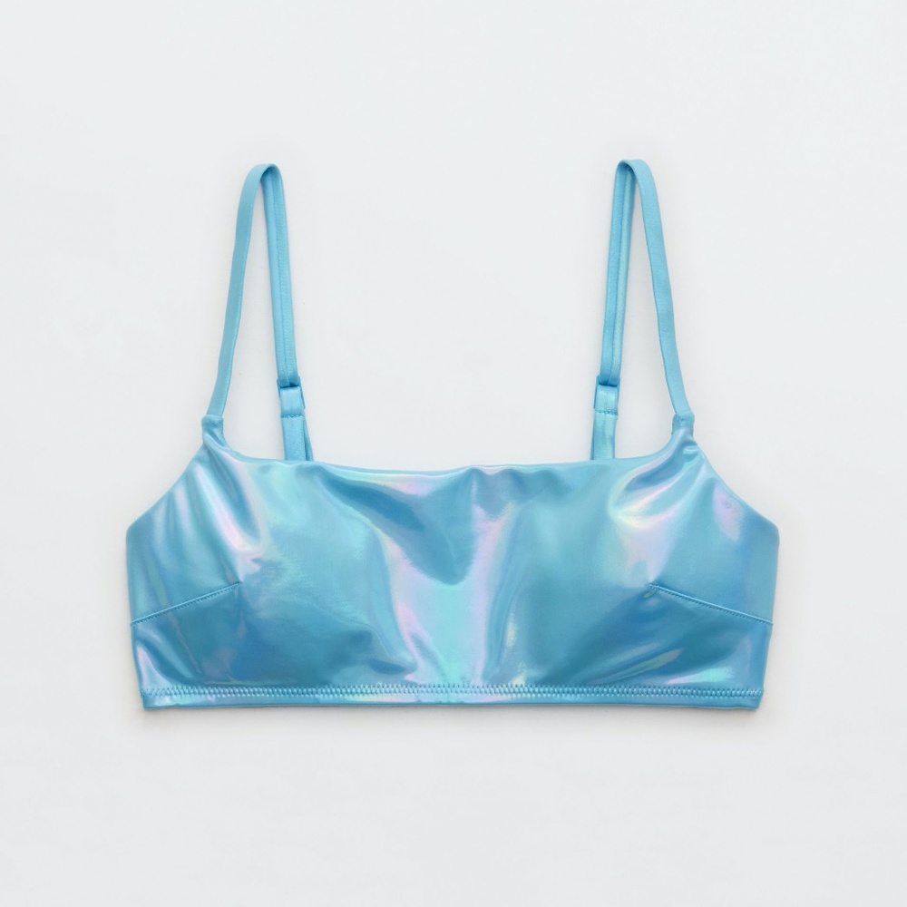 metallic straight scoop bikini top ice blue